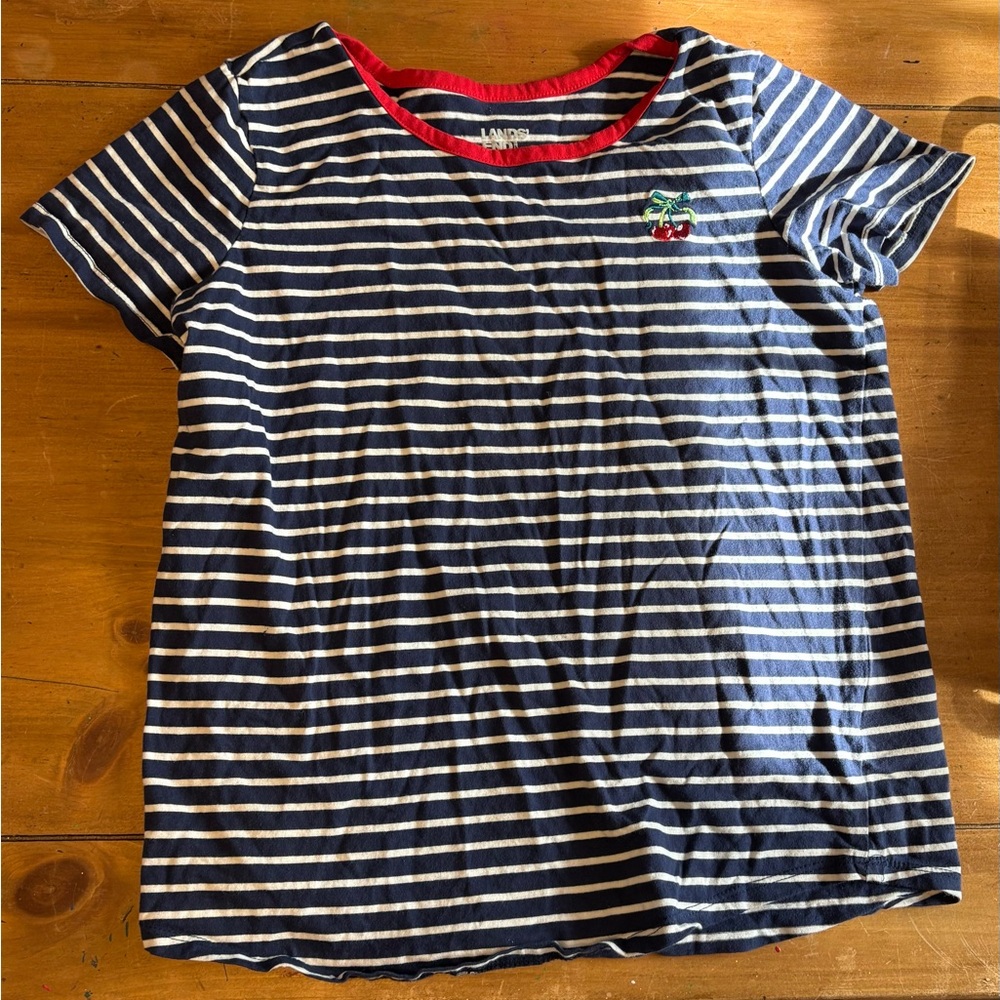 Lands' End Navy & White Striped Tee with Red Trim and Cherry Patch